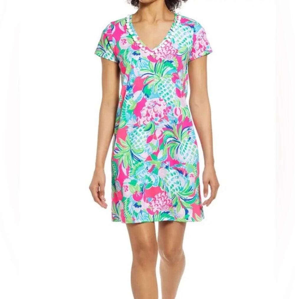 Lilly Pulitzer Etta V-Neck Dress Pink Green Pom Sz XS TAM